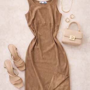 Jessica Howard Petite Camel Faux Suede Sleeveless Midi Sheath Dress